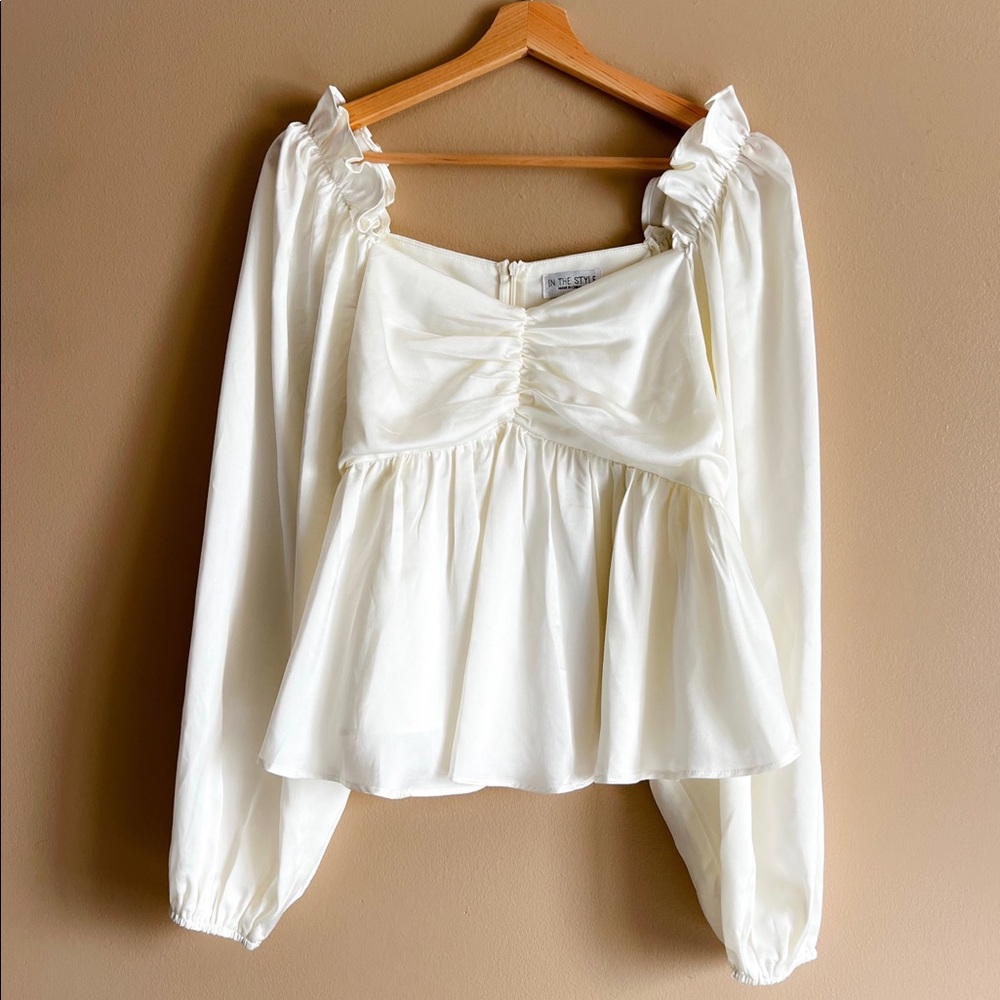 In the style x Lorna Luxe satin puff sleeve frill blouse